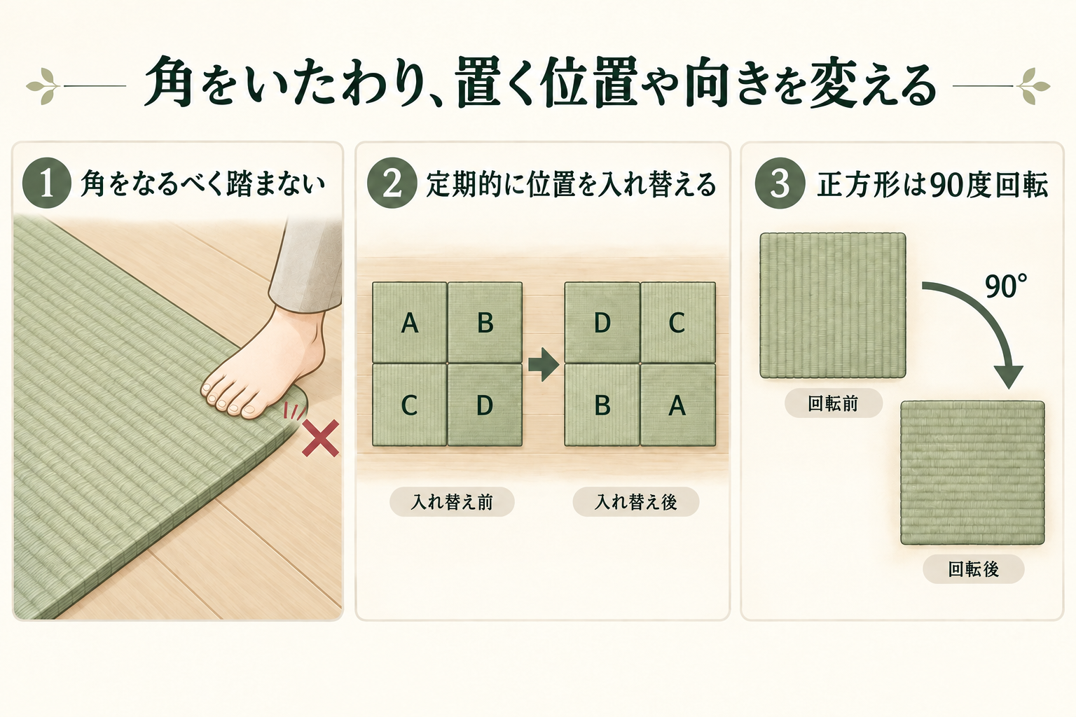 置き畳の角を踏まない工夫、A〜Dの4枚の位置の入れ替え、正方形の畳を90度回転させる方法を示した図解